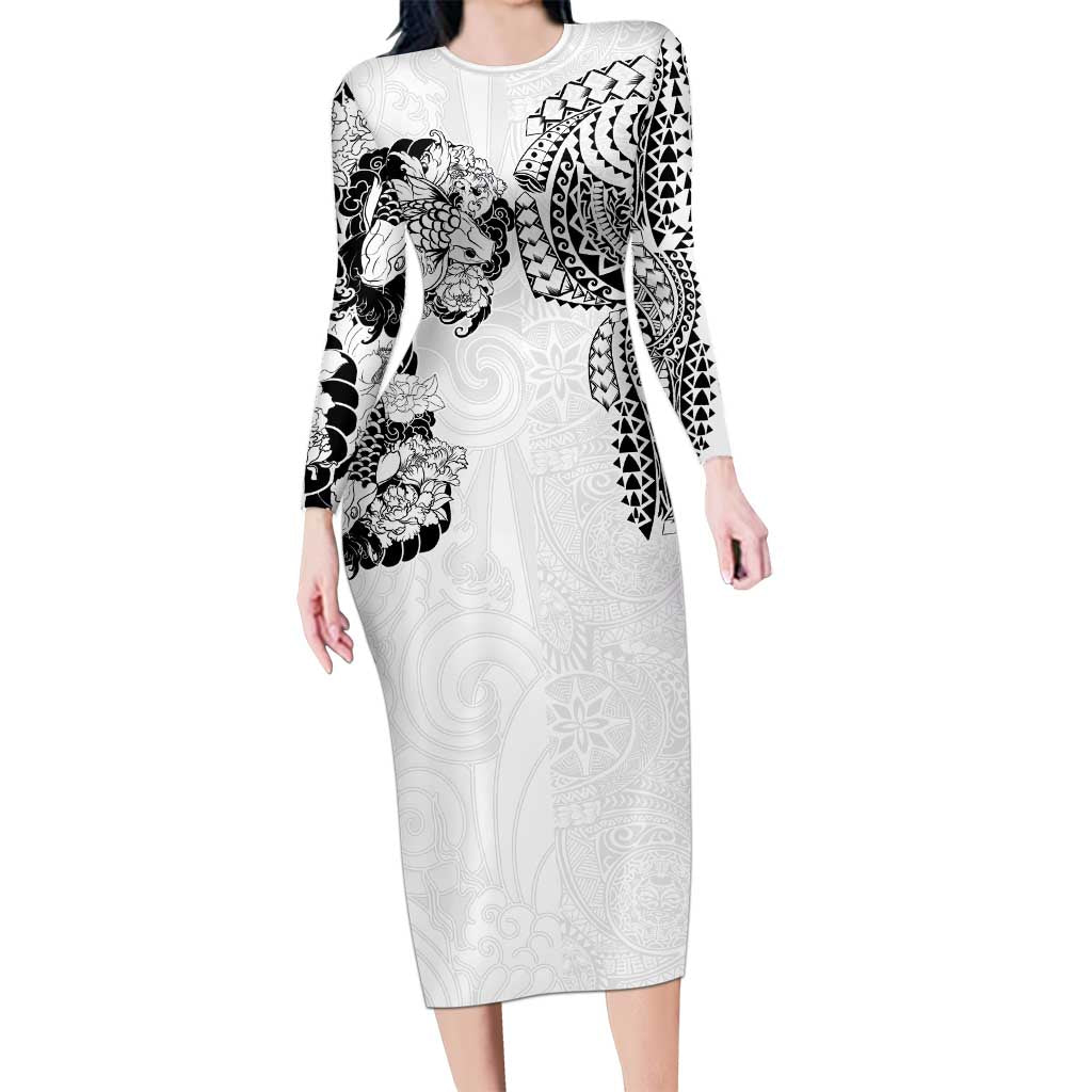 Japanese Irezumi and Hawaiian Polynesian Art Tattoo Long Sleeve Bodycon Dress White Color LT03 Long Dress White - Polynesian Pride
