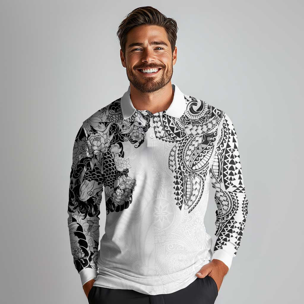 Japanese Irezumi and Hawaiian Polynesian Art Tattoo Long Sleeve Polo Shirt White Color LT03 - Polynesian Pride