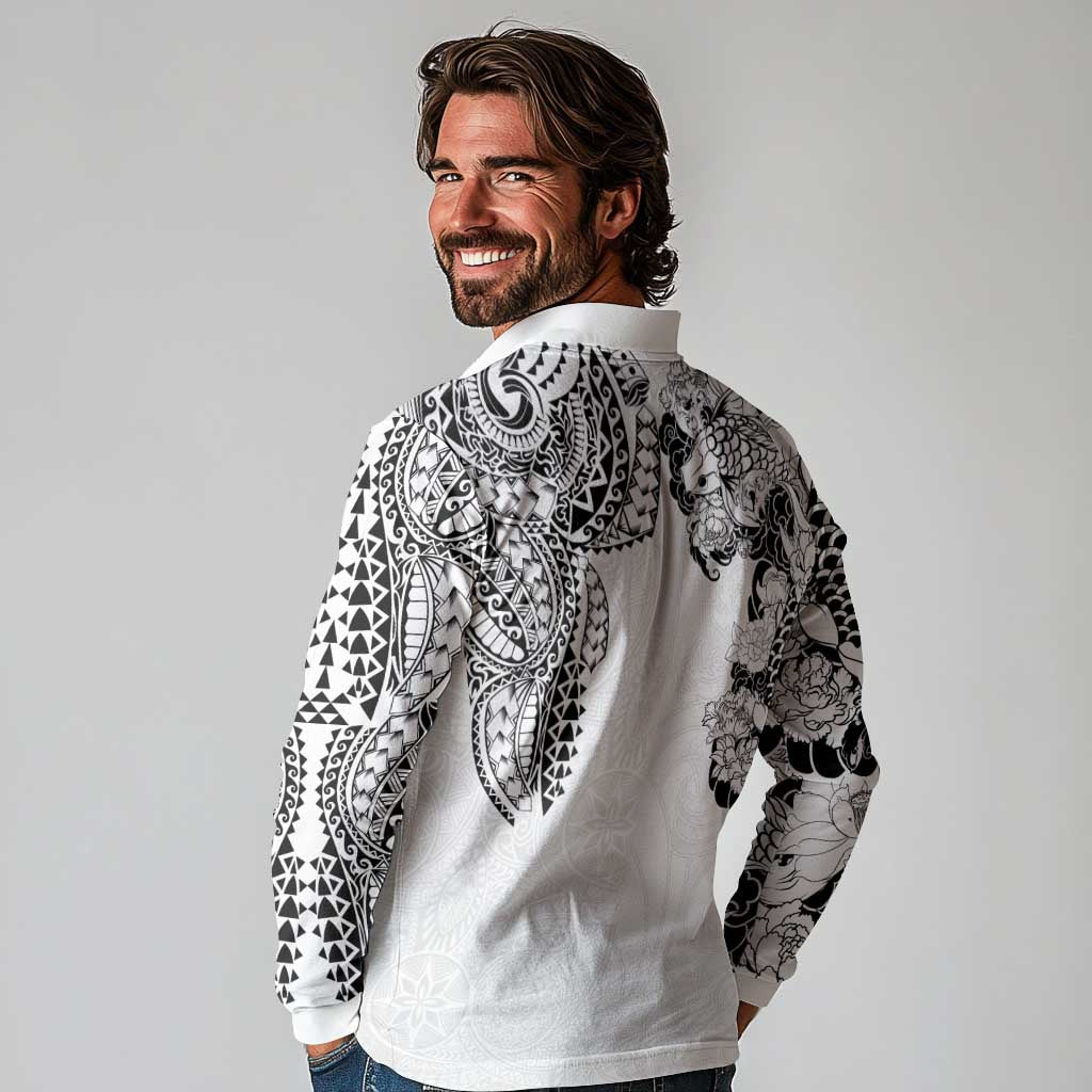 Japanese Irezumi and Hawaiian Polynesian Art Tattoo Long Sleeve Polo Shirt White Color LT03 - Polynesian Pride