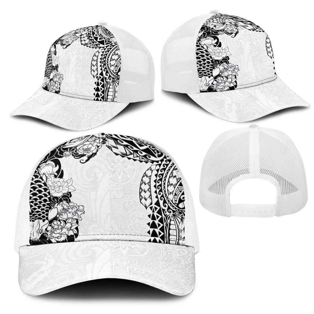 Japanese Irezumi and Hawaiian Polynesian Art Tattoo Mesh Trucker Cap White Color - Polynesian Pride