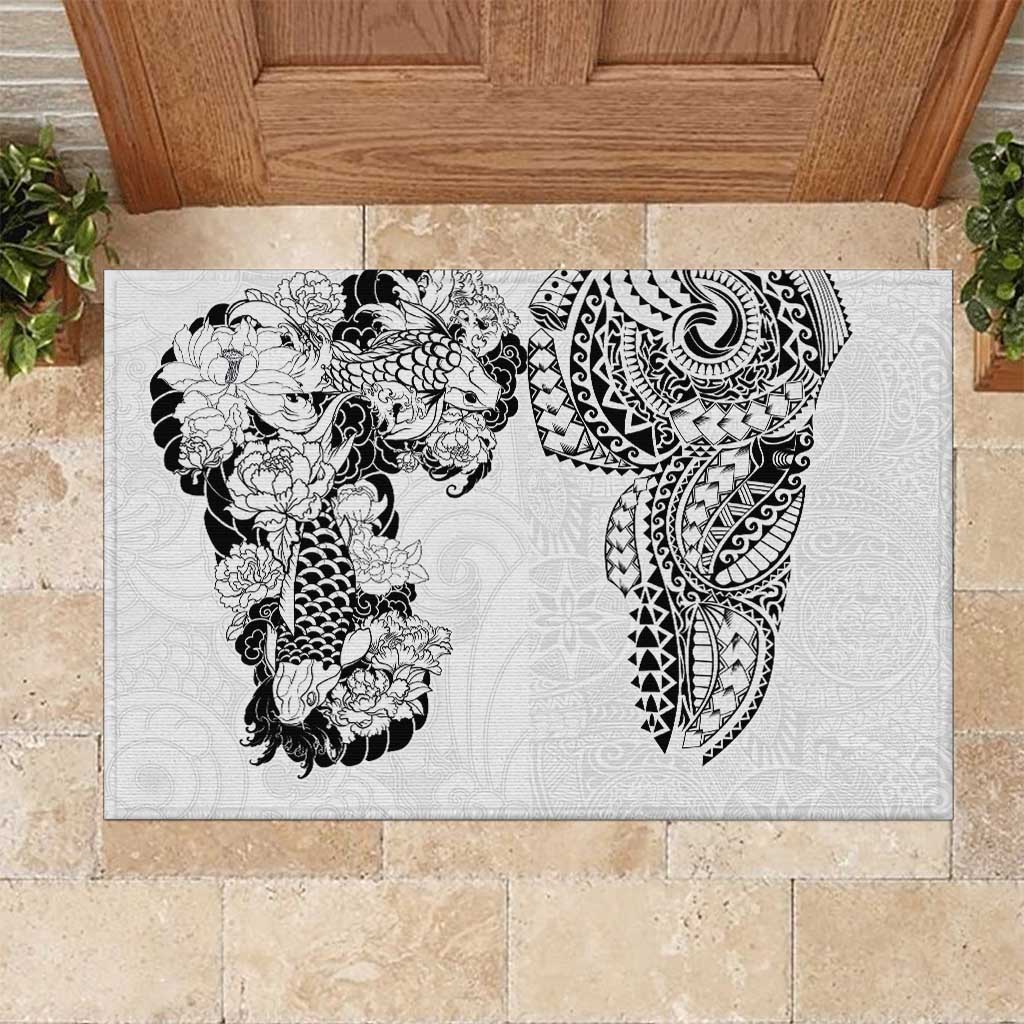 Japanese Irezumi and Hawaiian Polynesian Art Tattoo Rubber Doormat White Color LT03 White - Polynesian Pride