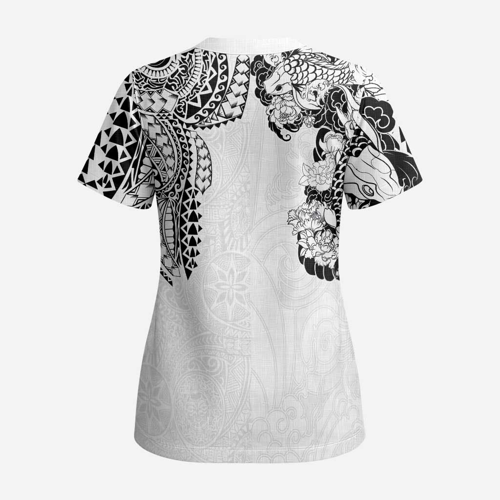 Japanese Irezumi and Hawaiian Polynesian Art Tattoo Scrub Top White Color - Polynesian Pride