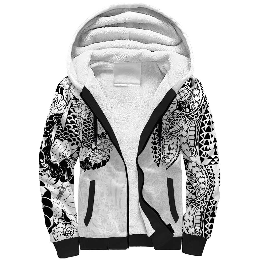 Japanese Irezumi and Hawaiian Polynesian Art Tattoo Sherpa Hoodie White Color LT03 Unisex White - Polynesian Pride