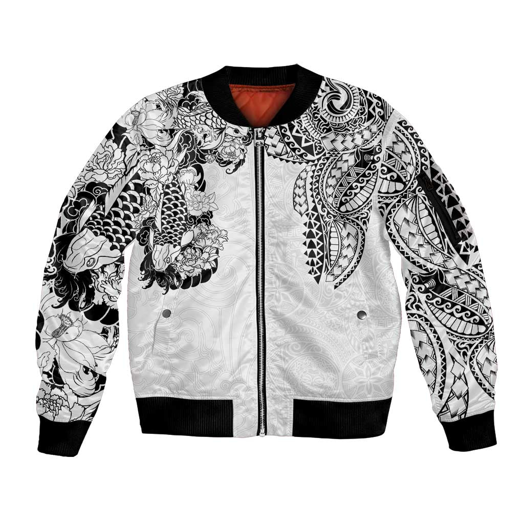 Japanese Irezumi and Hawaiian Polynesian Art Tattoo Sleeve Zip Bomber Jacket White Color LT03 Unisex White - Polynesian Pride
