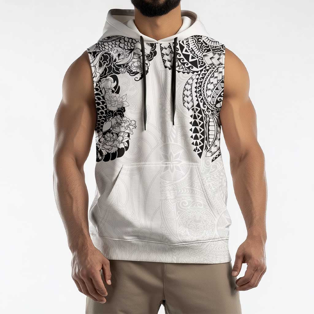 Japanese Irezumi and Hawaiian Polynesian Art Tattoo Sleeveless Hoodie White Color LT03 - Polynesian Pride