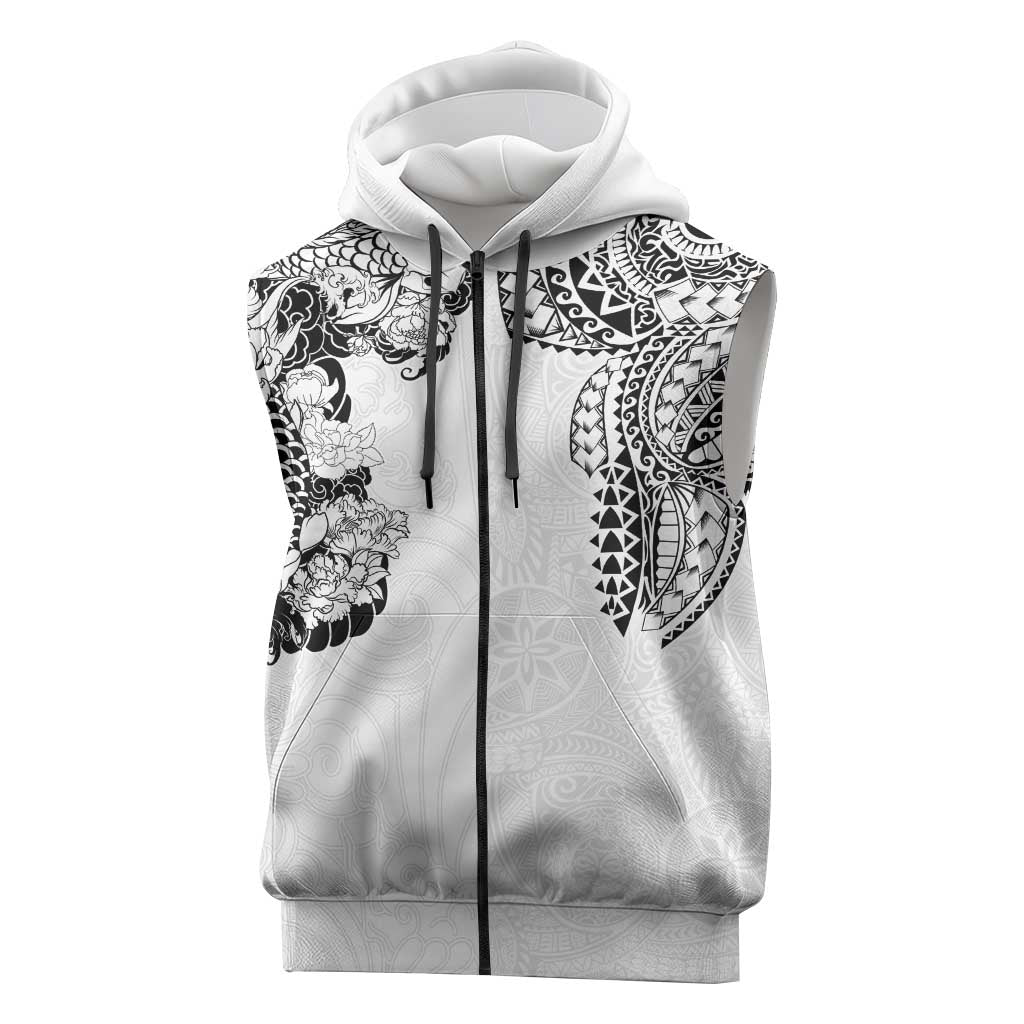 Japanese Irezumi and Hawaiian Polynesian Art Tattoo Sleeveless Zip Hoodie White Color LT03 White - Polynesian Pride