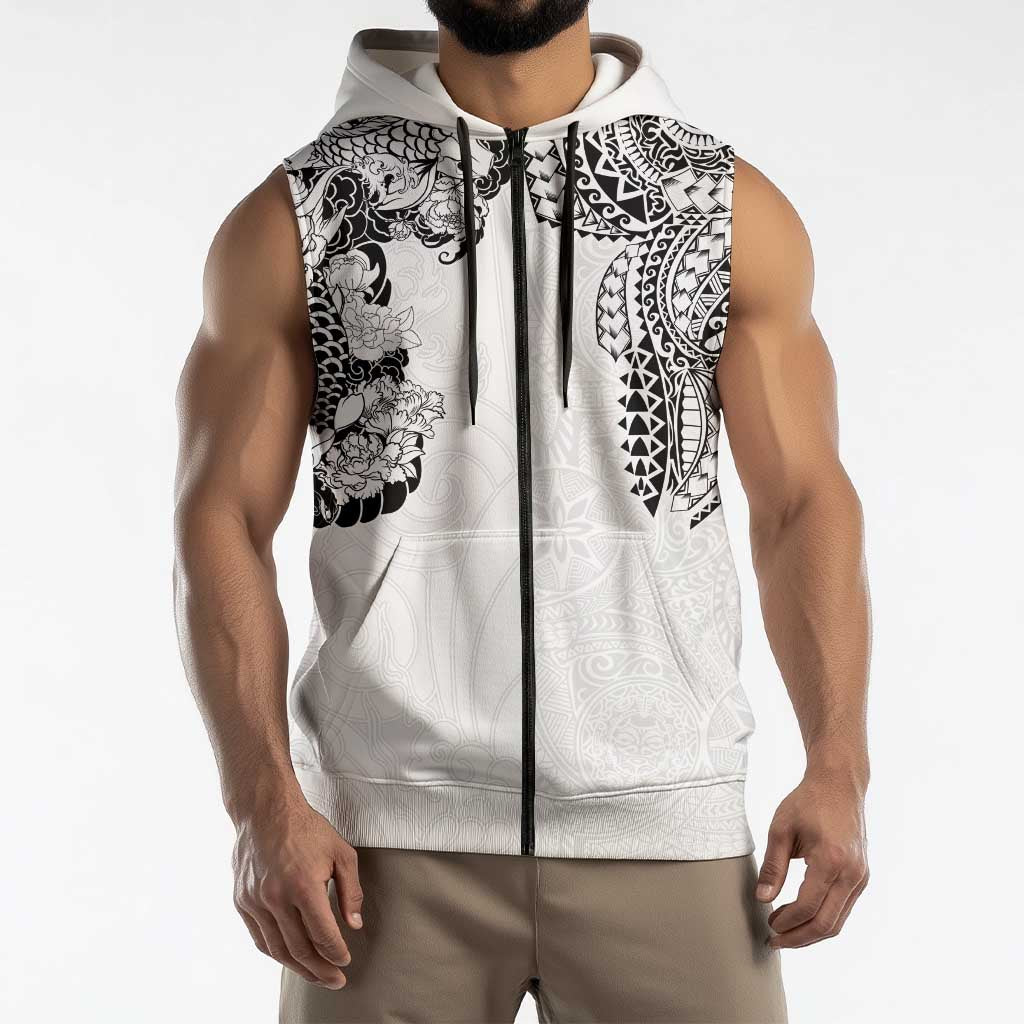 Japanese Irezumi and Hawaiian Polynesian Art Tattoo Sleeveless Zip Hoodie White Color LT03 - Polynesian Pride