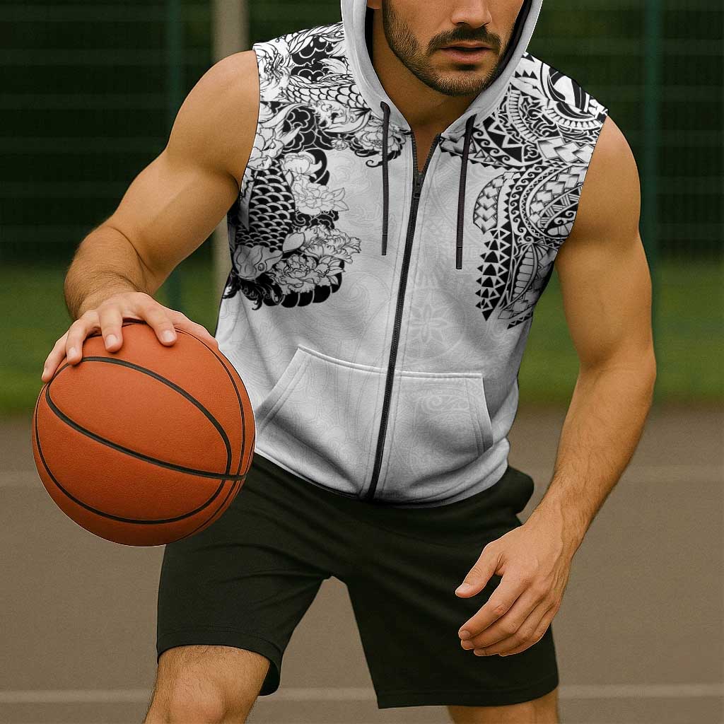 Japanese Irezumi and Hawaiian Polynesian Art Tattoo Sleeveless Zip Hoodie White Color LT03 - Polynesian Pride