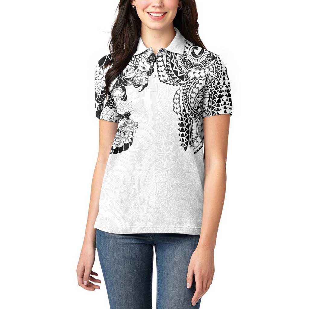 Japanese Irezumi and Hawaiian Polynesian Art Tattoo Women Polo Shirt White Color - Polynesian Pride