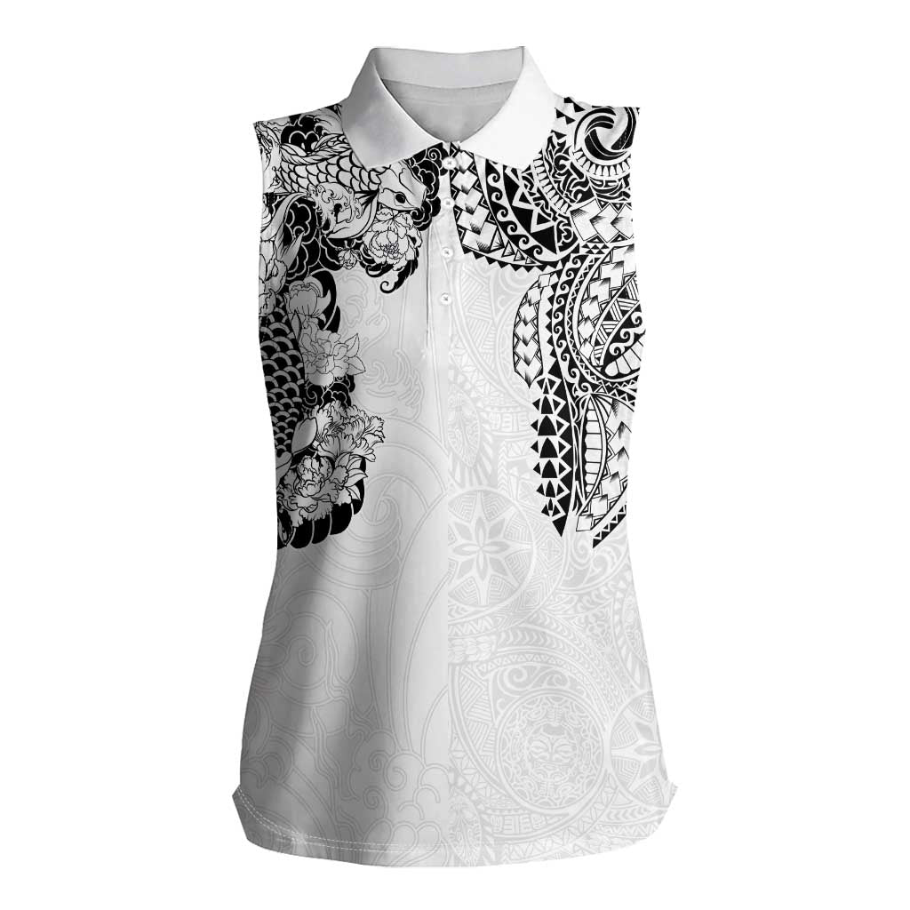 Japanese Irezumi and Hawaiian Polynesian Art Tattoo Women Sleeveless Polo Shirt White Color LT03 Female White - Polynesian Pride