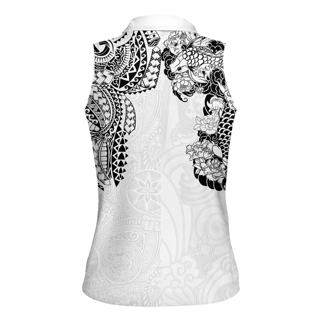 Japanese Irezumi and Hawaiian Polynesian Art Tattoo Women Sleeveless Polo Shirt White Color LT03 - Polynesian Pride