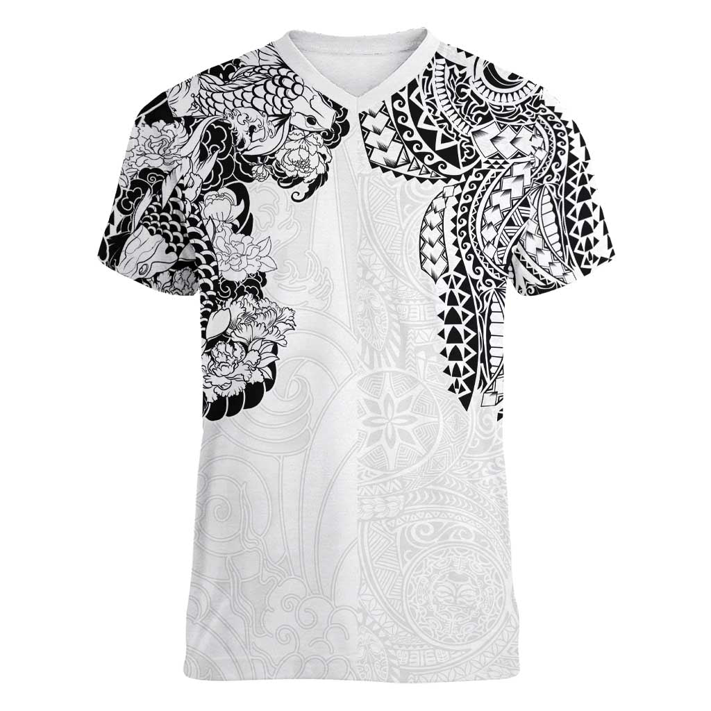 Japanese Irezumi and Hawaiian Polynesian Art Tattoo Women V-Neck T-Shirt White Color LT03 Female White - Polynesian Pride