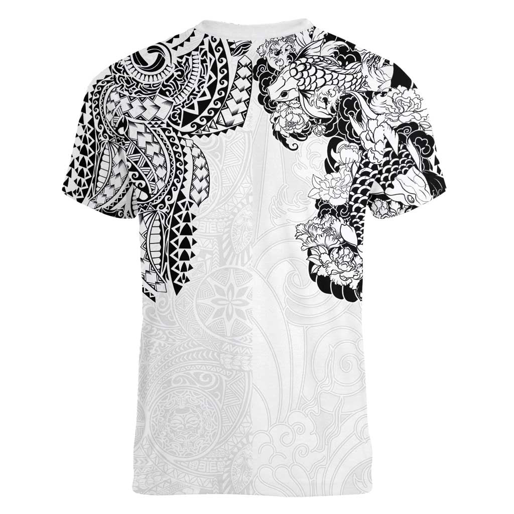 Japanese Irezumi and Hawaiian Polynesian Art Tattoo Women V-Neck T-Shirt White Color LT03 - Polynesian Pride