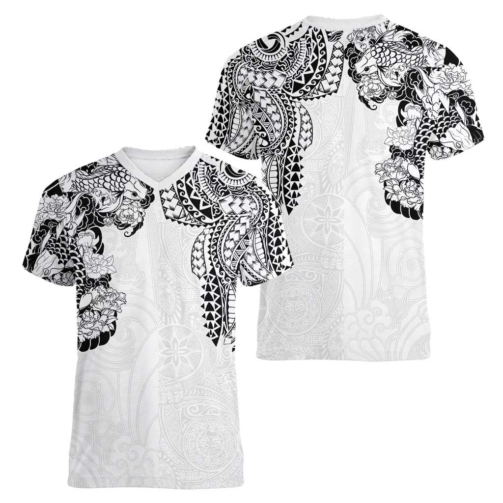 Japanese Irezumi and Hawaiian Polynesian Art Tattoo Women V-Neck T-Shirt White Color LT03 - Polynesian Pride