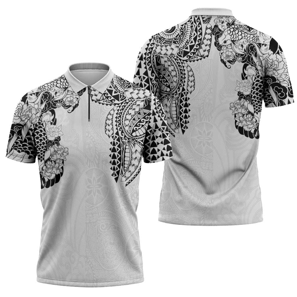 Japanese Irezumi and Hawaiian Polynesian Art Tattoo Zipper Polo Shirt White Color LT03 - Polynesian Pride