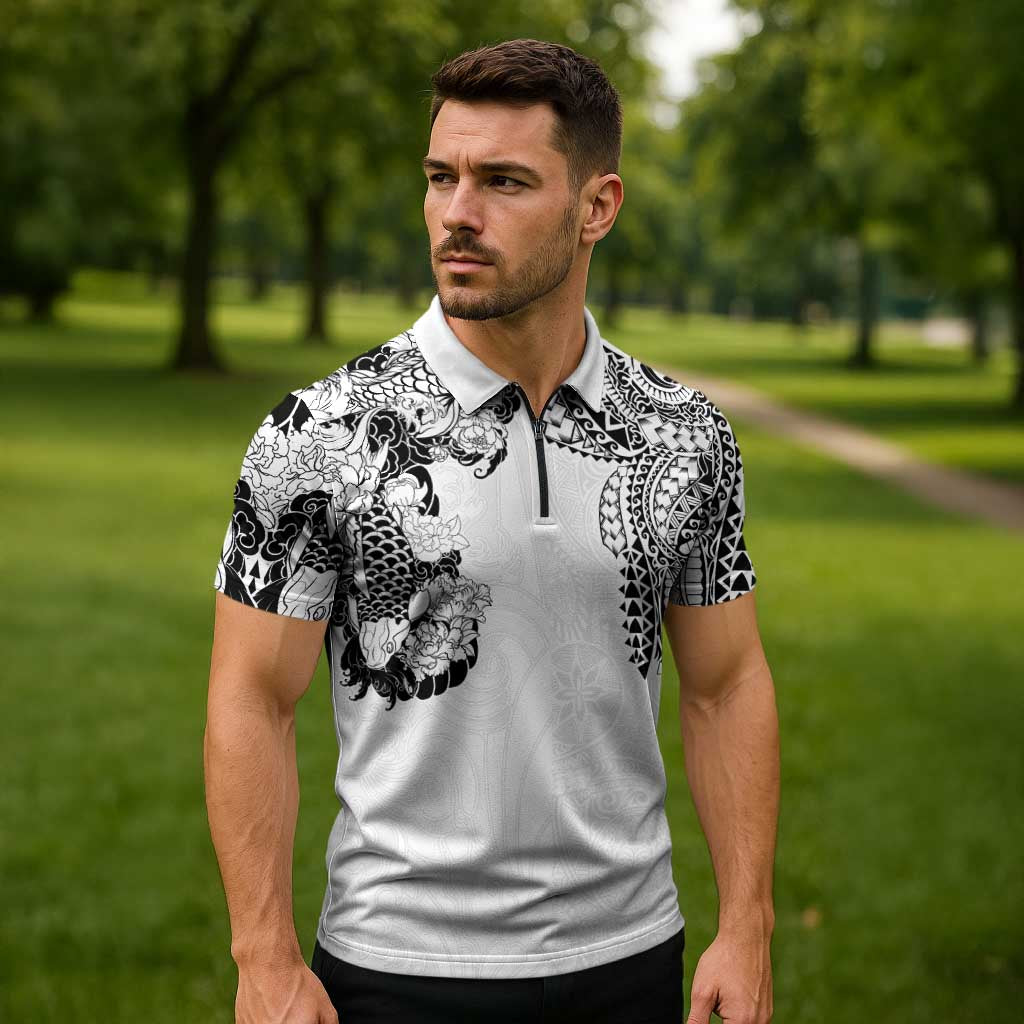 Japanese Irezumi and Hawaiian Polynesian Art Tattoo Zipper Polo Shirt White Color LT03 - Polynesian Pride