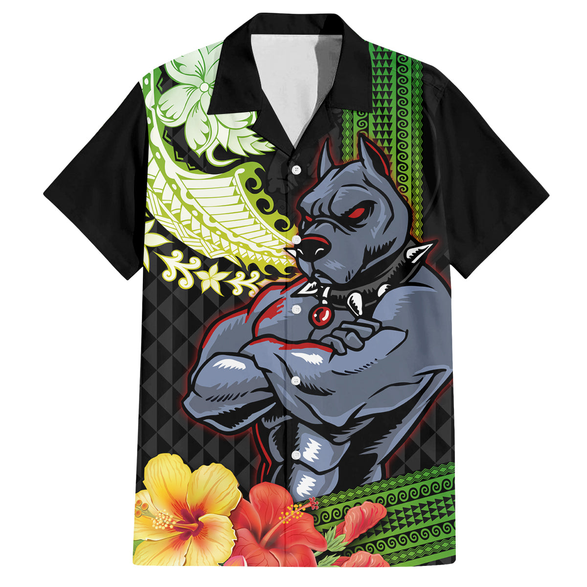 Hawaii Kaimuki High School Family Matching Off Shoulder Long Sleeve Dress and Hawaiian Shirt Tribal Kakau Pattern Mix Hibiscus Flower LT03 Dad's Shirt - Short Sleeve Black - Polynesian Pride