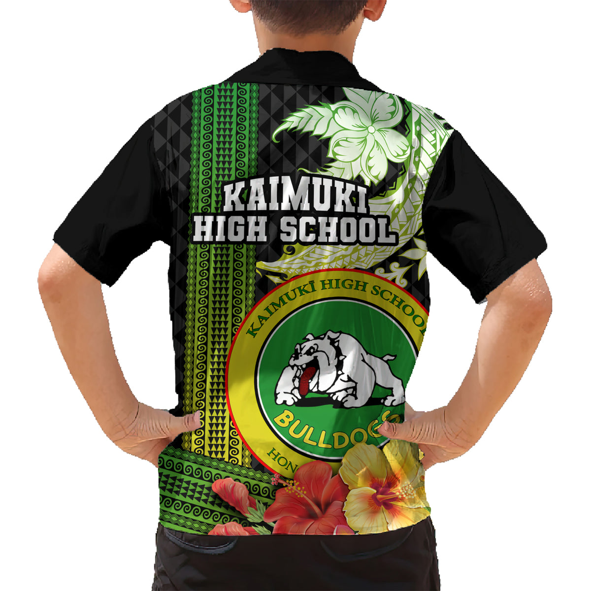 Hawaii Kaimuki High School Kid Hawaiian Shirt Tribal Kakau Pattern Mix Hibiscus Flower LT03 - Polynesian Pride