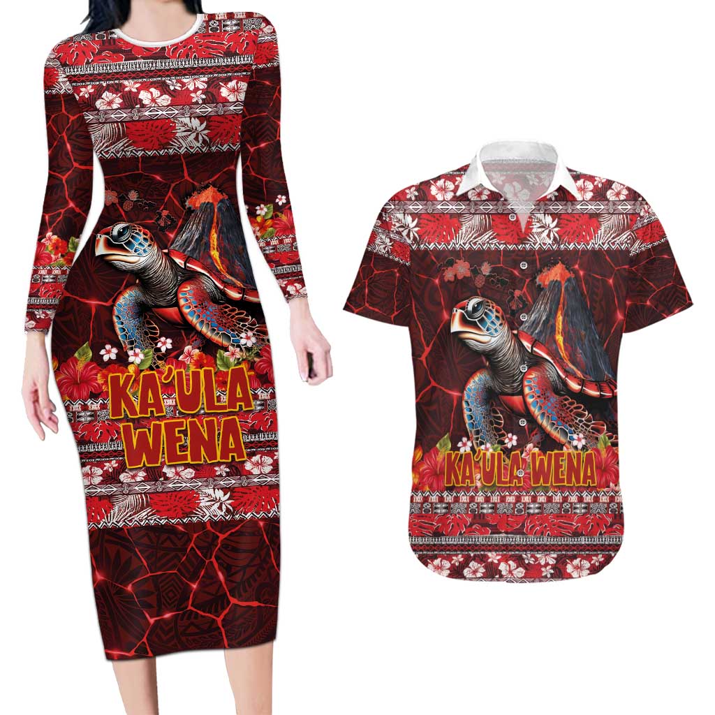 Hawaii KaUla Wena Volcano Turtle Couples Matching Long Sleeve Bodycon Dress and Hawaiian Shirt Lava and Tropical Plants Tribal Pattern LT03 Red - Polynesian Pride
