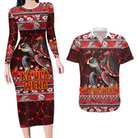 Hawaii KaUla Wena Volcano Turtle Couples Matching Long Sleeve Bodycon Dress and Hawaiian Shirt Lava and Tropical Plants Tribal Pattern LT03 Red - Polynesian Pride