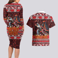 Hawaii KaUla Wena Volcano Turtle Couples Matching Long Sleeve Bodycon Dress and Hawaiian Shirt Lava and Tropical Plants Tribal Pattern LT03 - Polynesian Pride