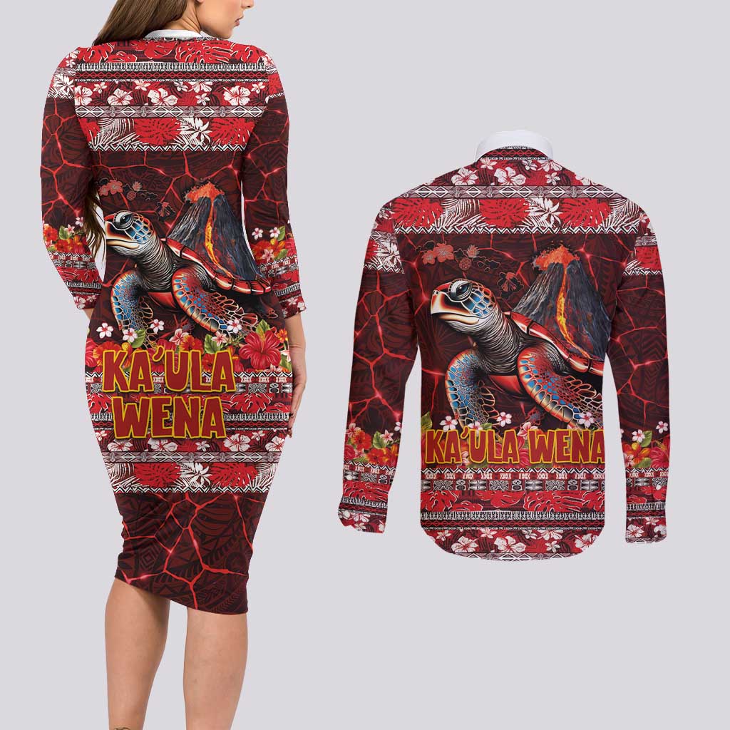 Hawaii KaʻUla Wena Volcano Turtle Couples Matching Long Sleeve Bodycon Dress and Long Sleeve Button Shirt Lava and Tropical Plants Tribal Pattern