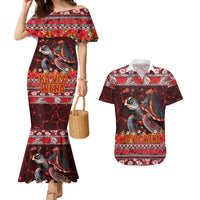 Hawaii KaUla Wena Volcano Turtle Couples Matching Mermaid Dress and Hawaiian Shirt Lava and Tropical Plants Tribal Pattern LT03 Red - Polynesian Pride