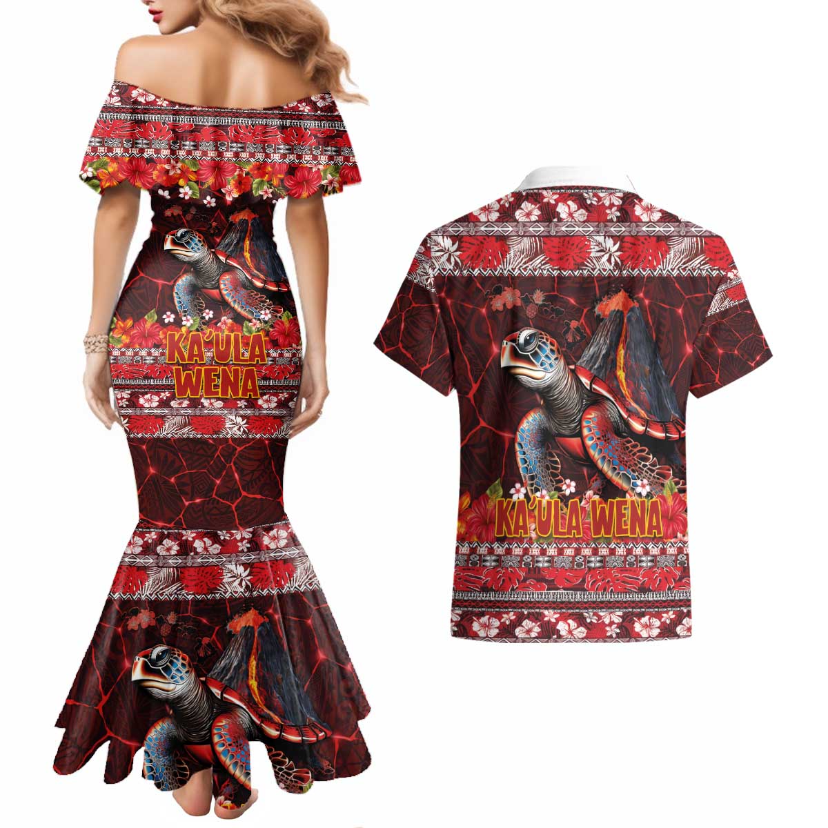 Hawaii KaUla Wena Volcano Turtle Couples Matching Mermaid Dress and Hawaiian Shirt Lava and Tropical Plants Tribal Pattern LT03 - Polynesian Pride