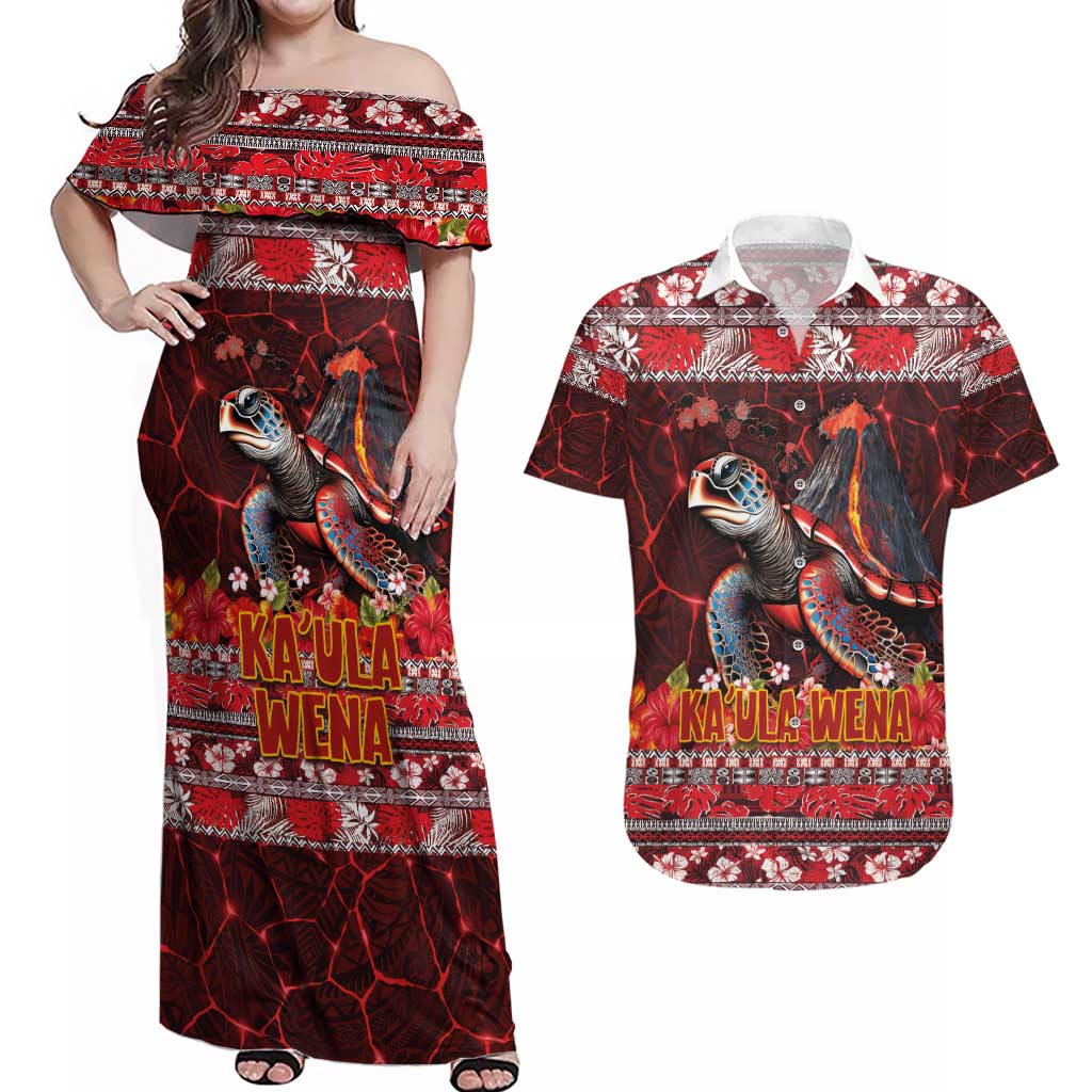 Hawaii KaʻUla Wena Volcano Turtle Couples Matching Off Shoulder Maxi Dress and Hawaiian Shirt Lava and Tropical Plants Tribal Pattern