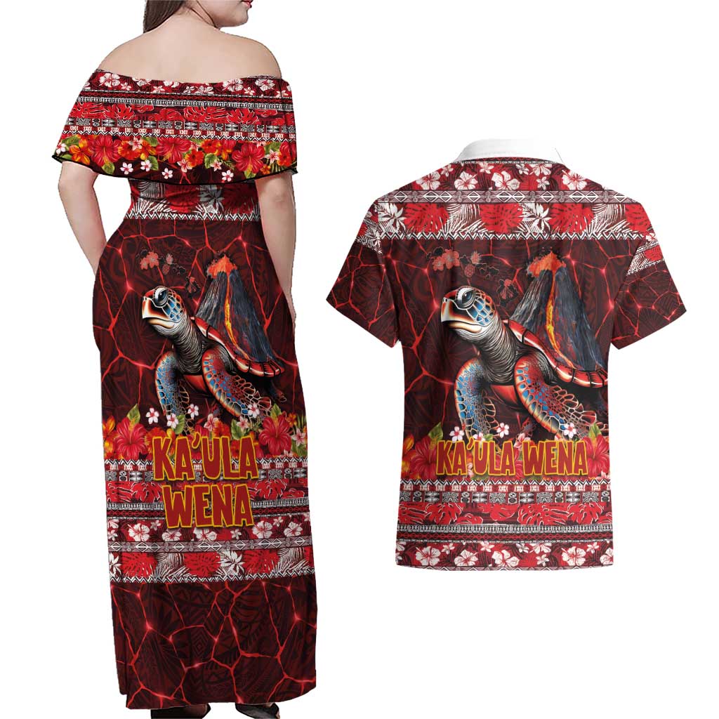 Hawaii KaUla Wena Volcano Turtle Couples Matching Off Shoulder Maxi Dress and Hawaiian Shirt Lava and Tropical Plants Tribal Pattern LT03 - Polynesian Pride