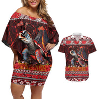 Hawaii KaʻUla Wena Volcano Turtle Couples Matching Off Shoulder Short Dress and Hawaiian Shirt Lava and Tropical Plants Tribal Pattern