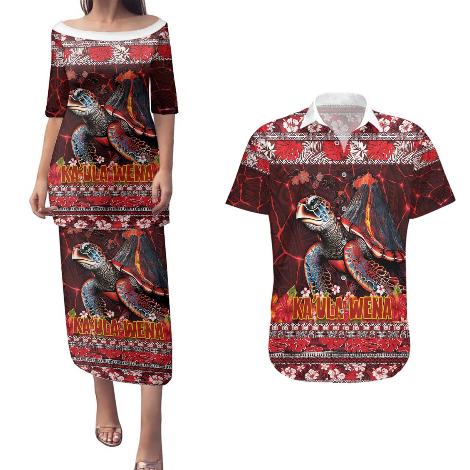 Hawaii KaʻUla Wena Volcano Turtle Couples Matching Puletasi and Hawaiian Shirt Lava and Tropical Plants Tribal Pattern
