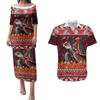 Hawaii KaUla Wena Volcano Turtle Couples Matching Puletasi and Hawaiian Shirt Lava and Tropical Plants Tribal Pattern LT03 Red - Polynesian Pride