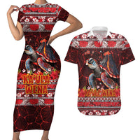 Hawaii KaUla Wena Volcano Turtle Couples Matching Short Sleeve Bodycon Dress and Hawaiian Shirt Lava and Tropical Plants Tribal Pattern LT03 Red - Polynesian Pride