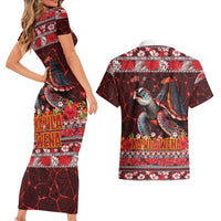 Hawaii KaUla Wena Volcano Turtle Couples Matching Short Sleeve Bodycon Dress and Hawaiian Shirt Lava and Tropical Plants Tribal Pattern LT03 - Polynesian Pride