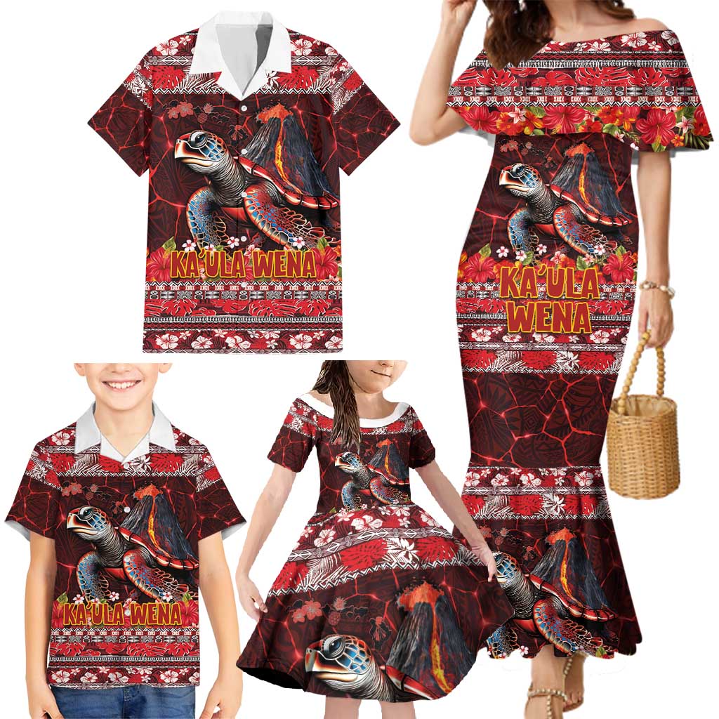 Hawaii KaUla Wena Volcano Turtle Family Matching Mermaid Dress and Hawaiian Shirt Lava and Tropical Plants Tribal Pattern LT03 - Polynesian Pride