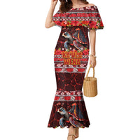 Hawaii KaUla Wena Volcano Turtle Family Matching Mermaid Dress and Hawaiian Shirt Lava and Tropical Plants Tribal Pattern LT03 Mom's Dress Red - Polynesian Pride
