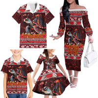 Hawaii KaUla Wena Volcano Turtle Family Matching Off The Shoulder Long Sleeve Dress and Hawaiian Shirt Lava and Tropical Plants Tribal Pattern LT03 - Polynesian Pride
