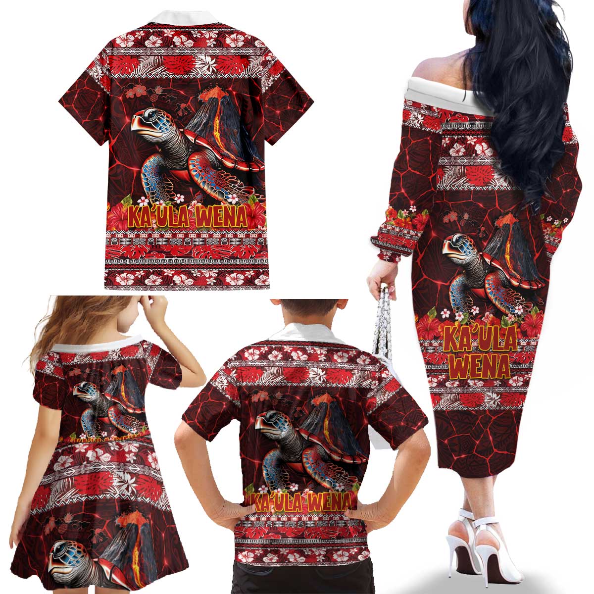 Hawaii KaUla Wena Volcano Turtle Family Matching Off The Shoulder Long Sleeve Dress and Hawaiian Shirt Lava and Tropical Plants Tribal Pattern LT03 - Polynesian Pride