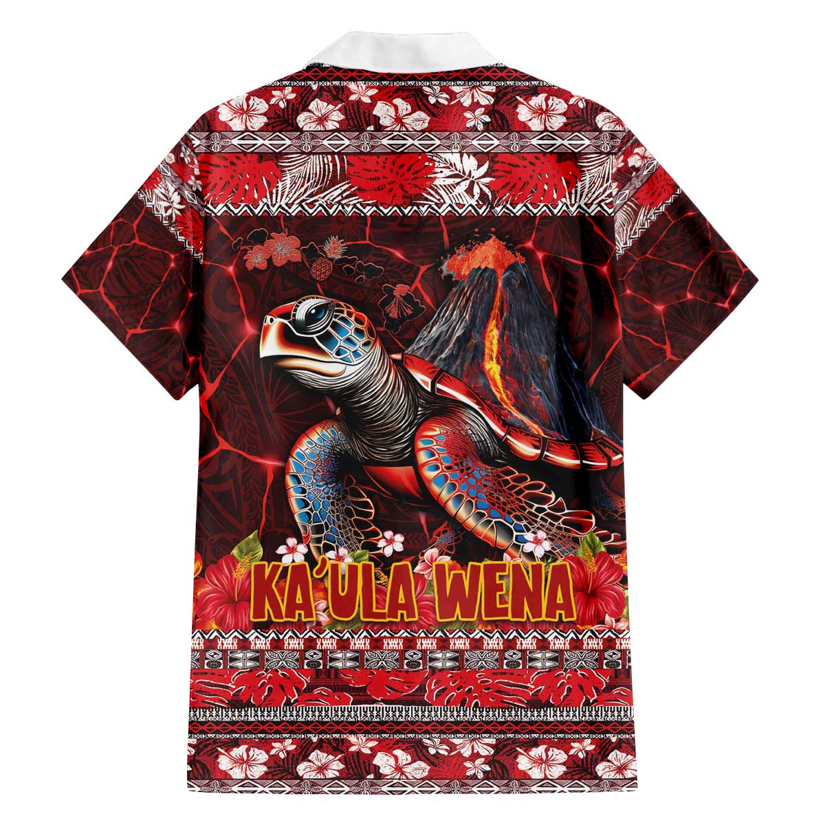 Hawaii KaUla Wena Volcano Turtle Family Matching Off The Shoulder Long Sleeve Dress and Hawaiian Shirt Lava and Tropical Plants Tribal Pattern LT03 - Polynesian Pride