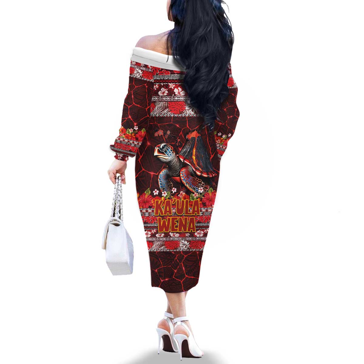 Hawaii KaUla Wena Volcano Turtle Family Matching Off The Shoulder Long Sleeve Dress and Hawaiian Shirt Lava and Tropical Plants Tribal Pattern LT03 - Polynesian Pride