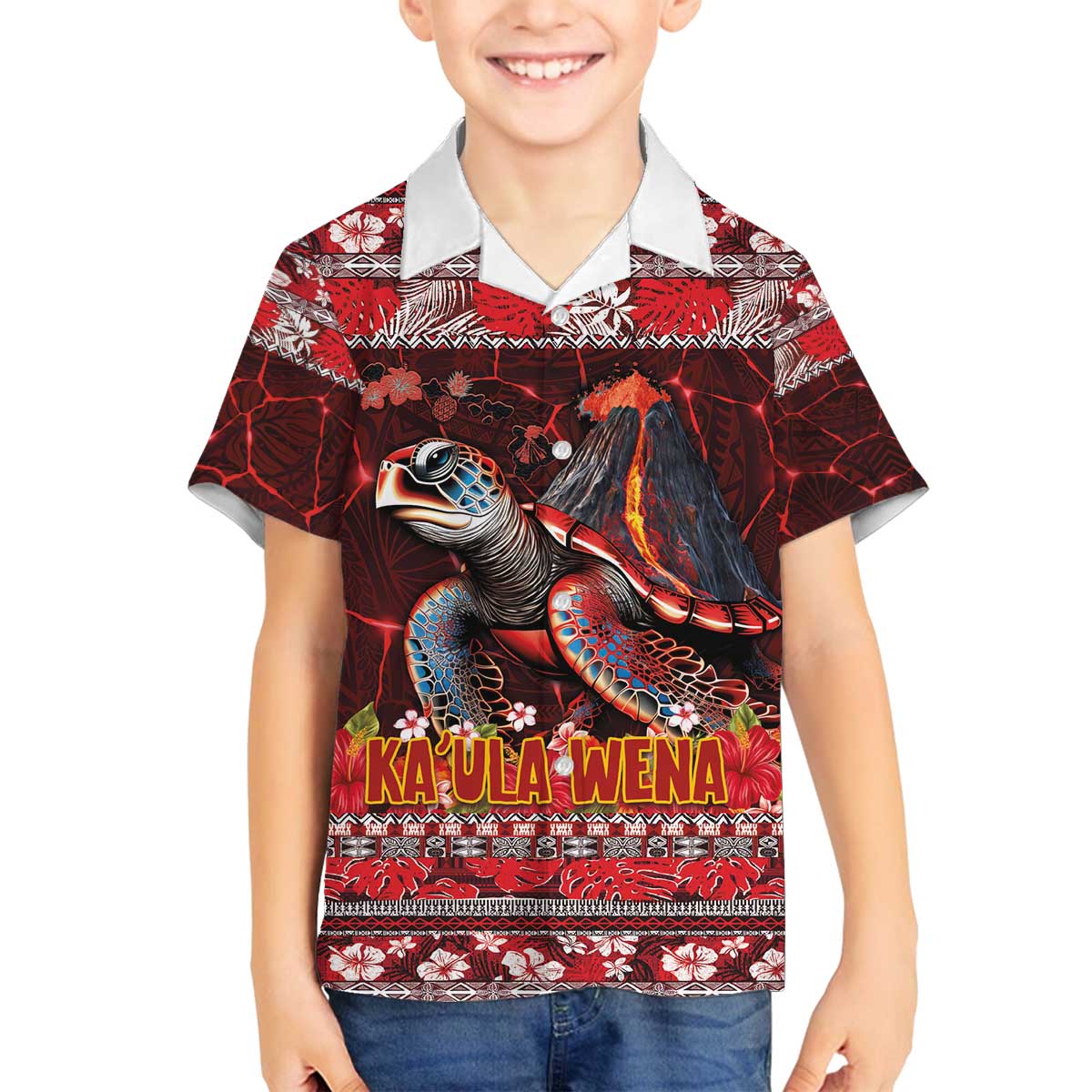 Hawaii KaUla Wena Volcano Turtle Family Matching Off The Shoulder Long Sleeve Dress and Hawaiian Shirt Lava and Tropical Plants Tribal Pattern LT03 Son's Shirt Red - Polynesian Pride