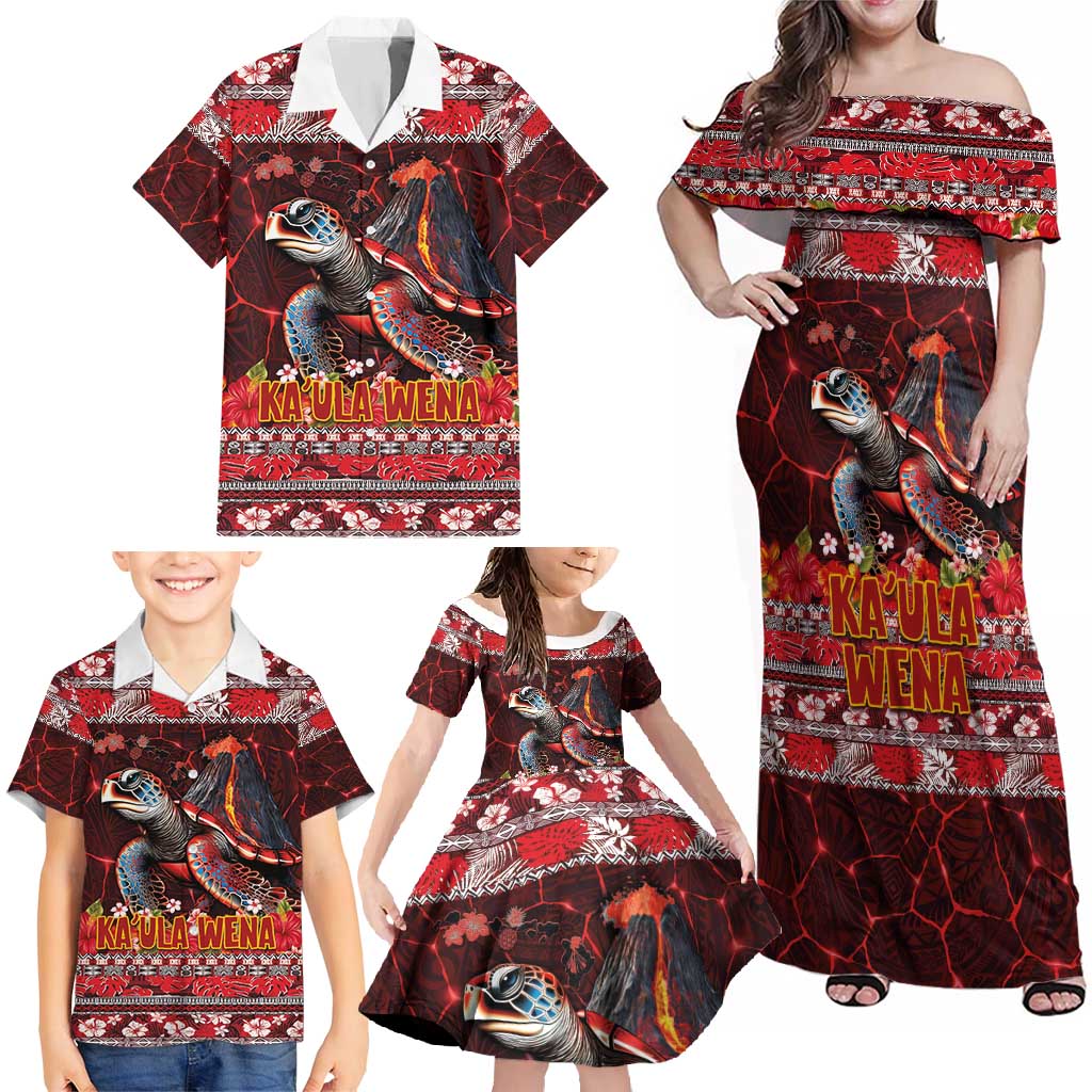 Hawaii KaUla Wena Volcano Turtle Family Matching Off Shoulder Maxi Dress and Hawaiian Shirt Lava and Tropical Plants Tribal Pattern LT03 - Polynesian Pride