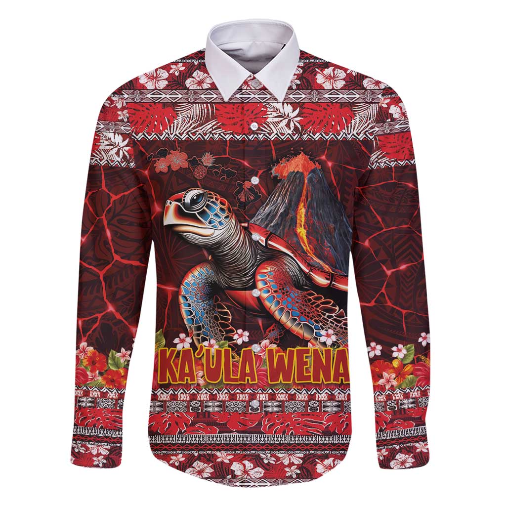 Hawaii KaUla Wena Volcano Turtle Family Matching Off Shoulder Maxi Dress and Hawaiian Shirt Lava and Tropical Plants Tribal Pattern LT03 Dad's Shirt - Long Sleeve Red - Polynesian Pride