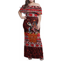 Hawaii KaUla Wena Volcano Turtle Family Matching Off Shoulder Maxi Dress and Hawaiian Shirt Lava and Tropical Plants Tribal Pattern LT03 Mom's Dress Red - Polynesian Pride