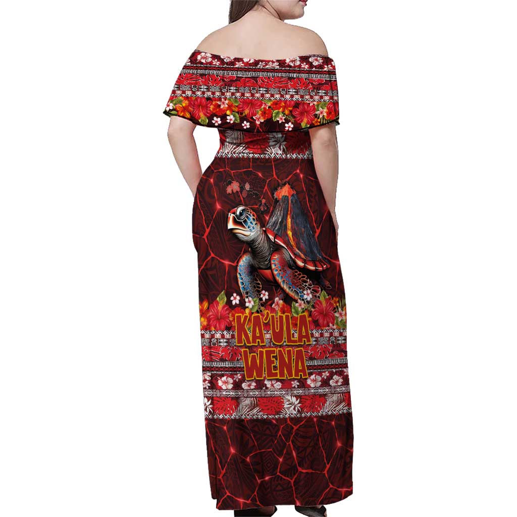 Hawaii KaUla Wena Volcano Turtle Family Matching Off Shoulder Maxi Dress and Hawaiian Shirt Lava and Tropical Plants Tribal Pattern LT03 - Polynesian Pride