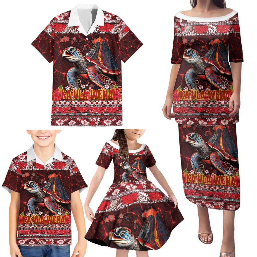 Hawaii KaUla Wena Volcano Turtle Family Matching Puletasi and Hawaiian Shirt Lava and Tropical Plants Tribal Pattern LT03 - Polynesian Pride