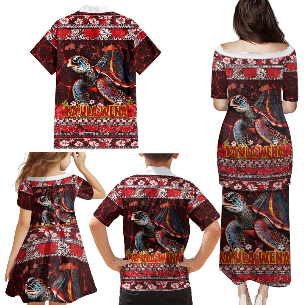 Hawaii KaUla Wena Volcano Turtle Family Matching Puletasi and Hawaiian Shirt Lava and Tropical Plants Tribal Pattern LT03 - Polynesian Pride