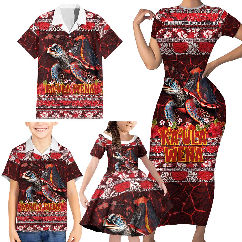 Hawaii KaʻUla Wena Volcano Turtle Family Matching Short Sleeve Bodycon Dress and Hawaiian Shirt Lava and Tropical Plants Tribal Pattern