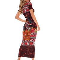 Hawaii KaʻUla Wena Volcano Turtle Family Matching Short Sleeve Bodycon Dress and Hawaiian Shirt Lava and Tropical Plants Tribal Pattern